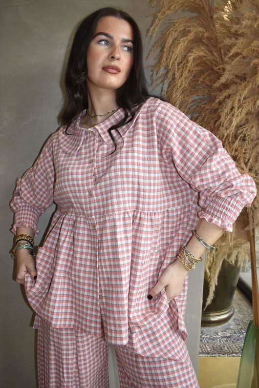 Annie Gingham Peter Pan Smock Blouse Soft Coral